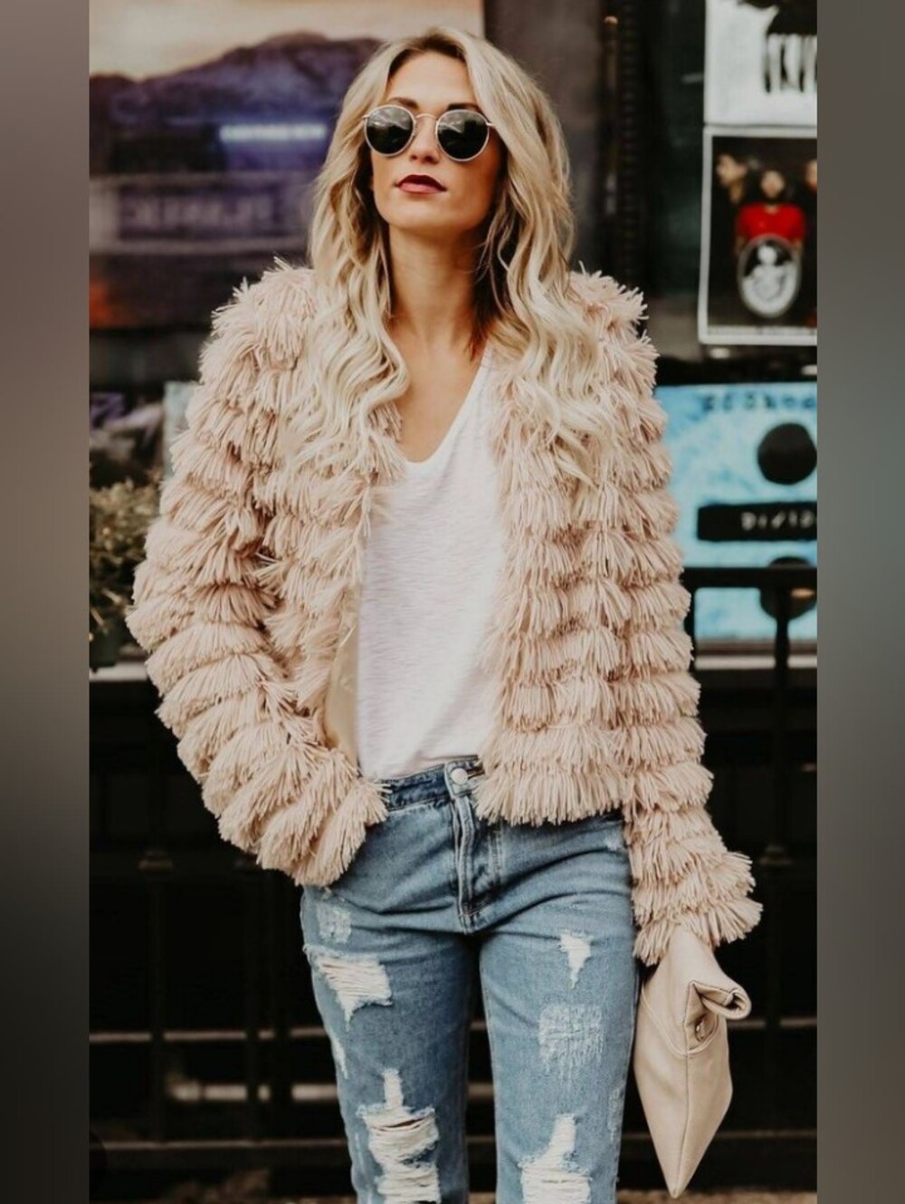Shabby Chic Shaggy Faux Fur Jacket Blush Tan Women's
